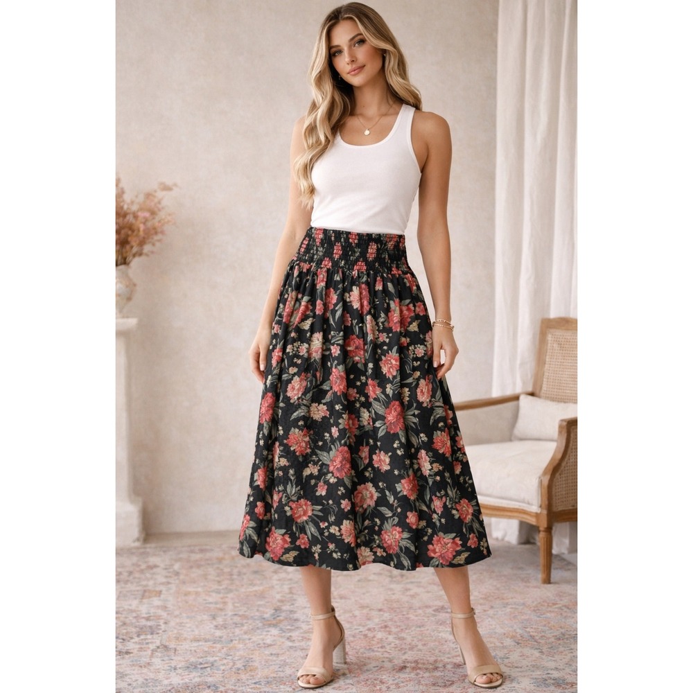 Antonio Melani Floral Smocked Waist Midi Skirt Black Pink PeonyCotton Size M‎